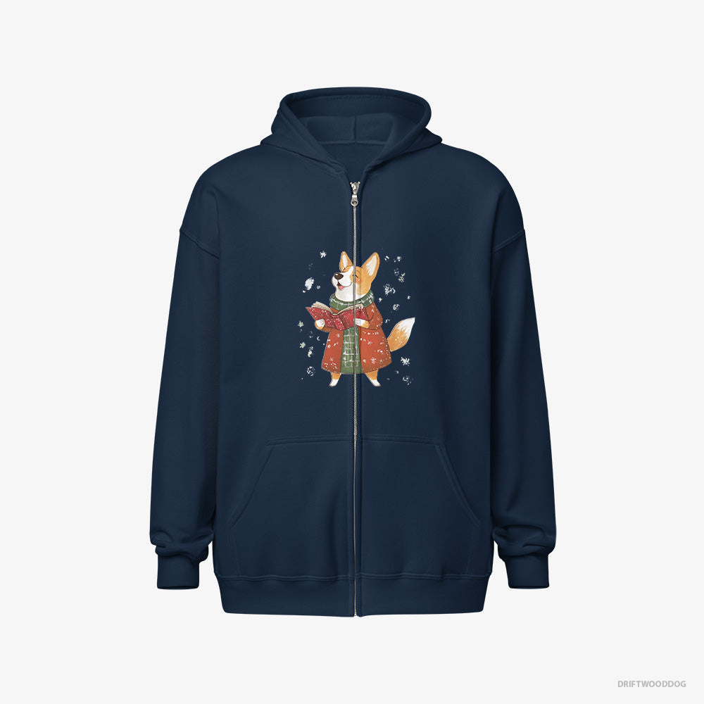 Corgi Hoodie – Men Navy Hoodie Full-Zip – Joyfully Singing Christmas Carols (on White Background)