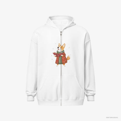 Corgi Hoodie – Men White Hoodie Full-Zip – Joyfully Singing Christmas Carols (on White Background)