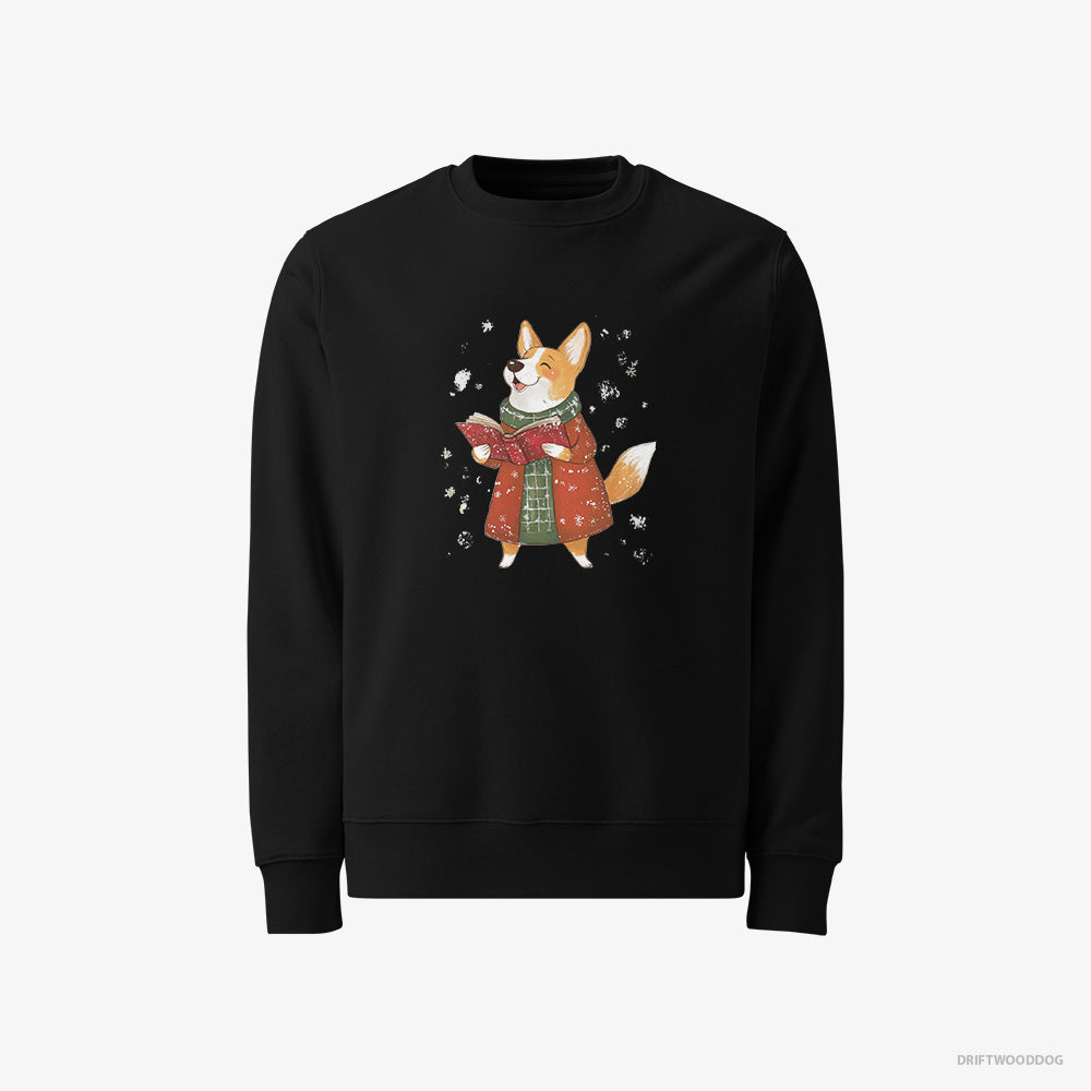 Corgi Sweatshirt – Women Black Sweatshirt Classic – Joyfully Singing Christmas Carols (on White Background)