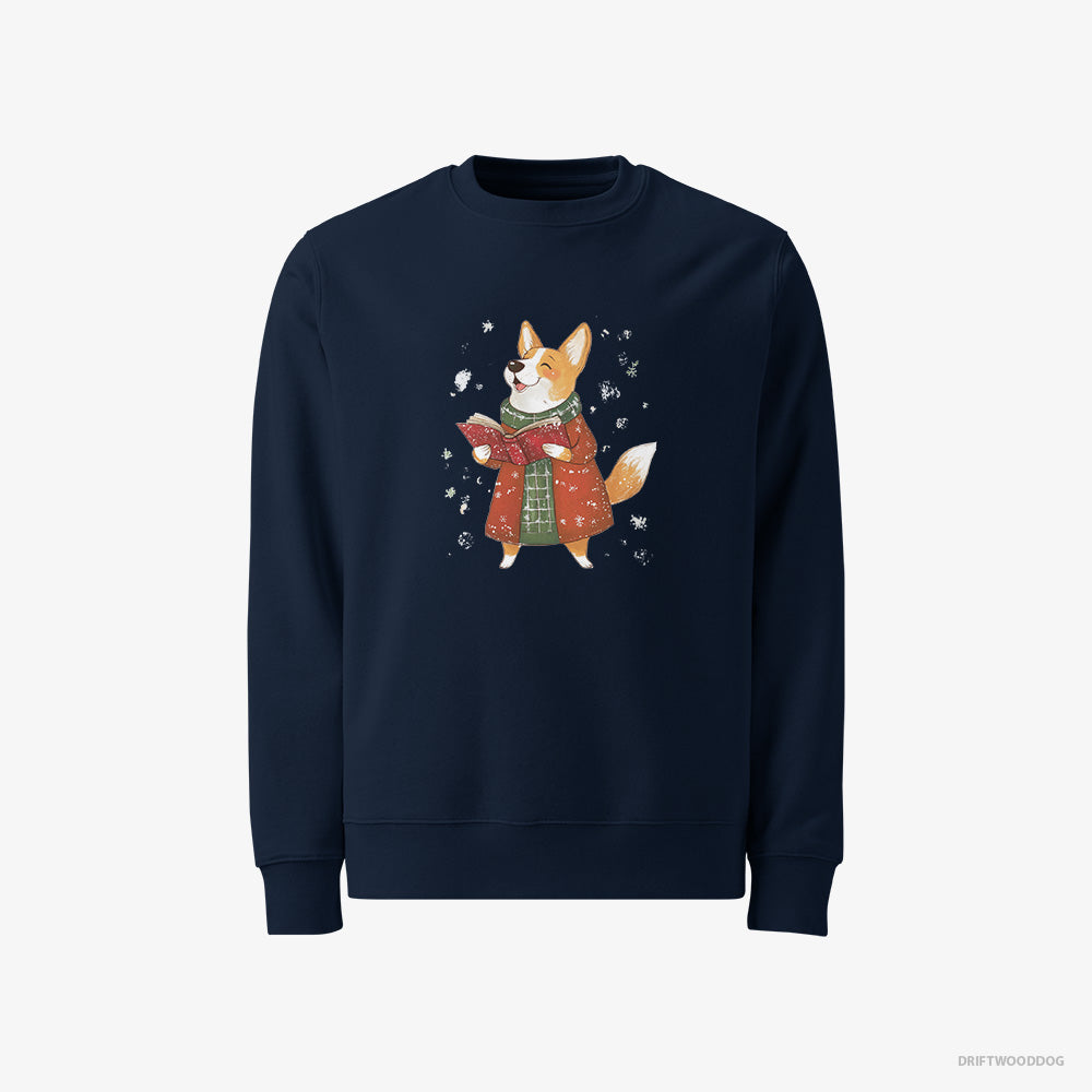 Corgi Sweatshirt – Men Navy Sweatshirt Classic – Joyfully Singing Christmas Carols (on White Background)