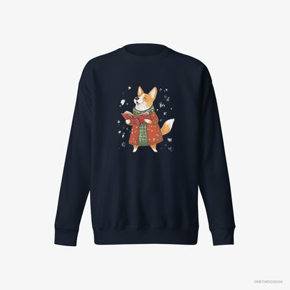 Corgi Sweatshirt – Women Navy Sweatshirt Eco-Friendly – Joyfully Singing Christmas Carols (on White Background)