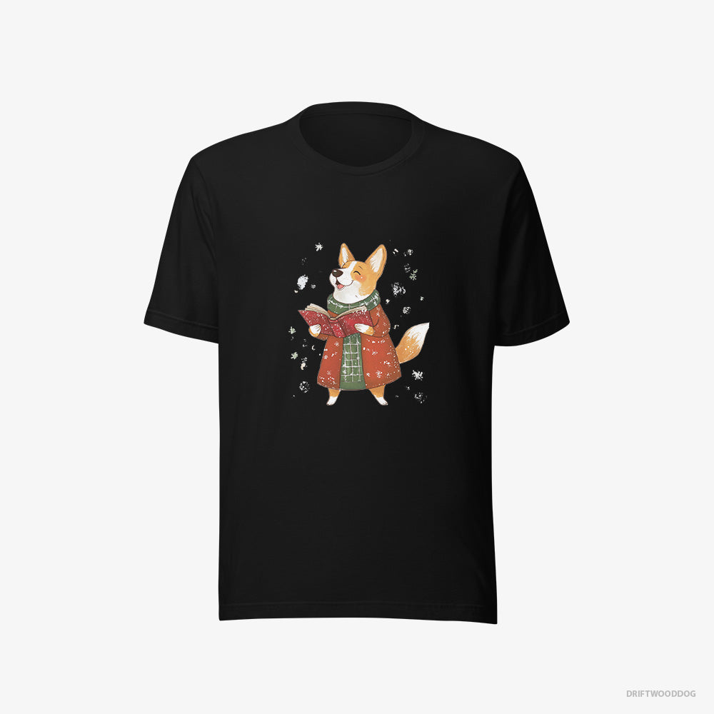 Corgi T-Shirt – Men Black T-Shirt Eco-Friendly – Joyfully Singing Christmas Carols (on White Background)