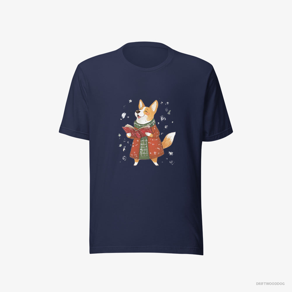 Corgi T-Shirt – Women Navy T-Shirt Eco-Friendly – Joyfully Singing Christmas Carols (on White Background)