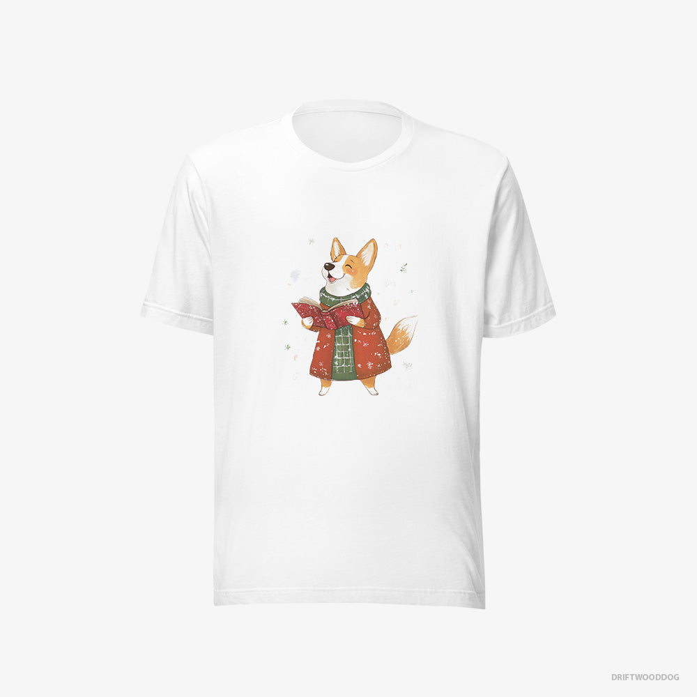 Corgi T-Shirt – Women White T-Shirt Eco-Friendly – Joyfully Singing Christmas Carols (on White Background)