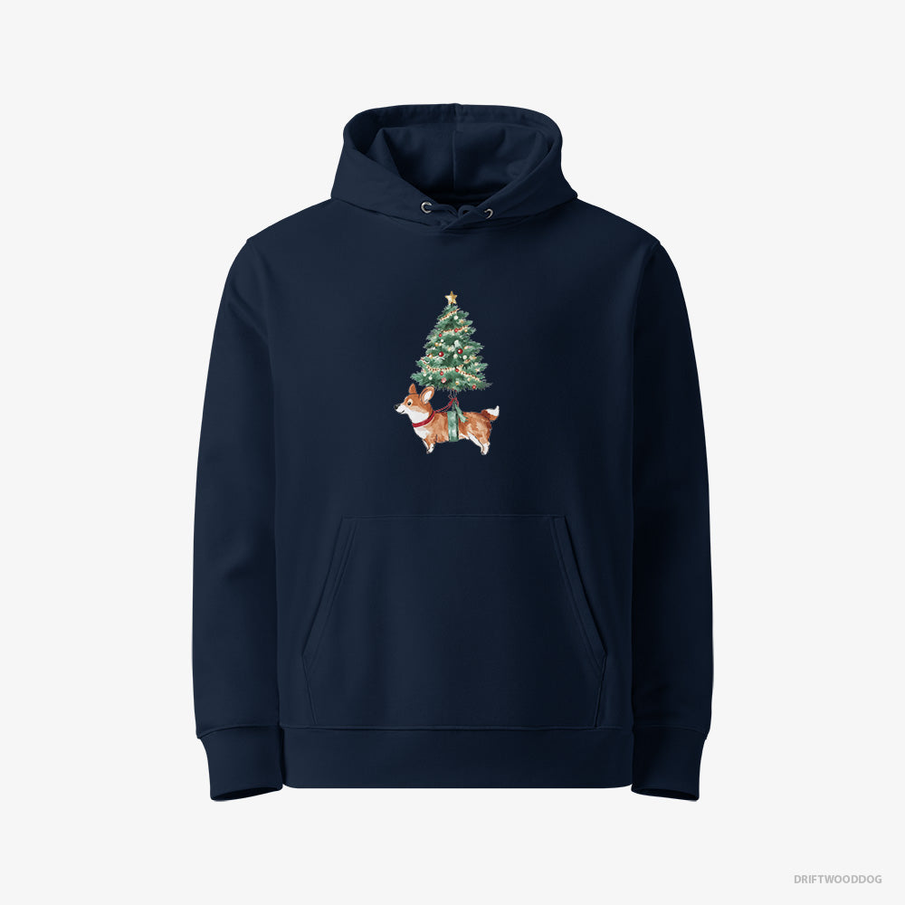 Corgi Hoodie – Women Navy Hoodie Eco-Friendly – as a Cute Christmas Tree Decoration (on White Background)