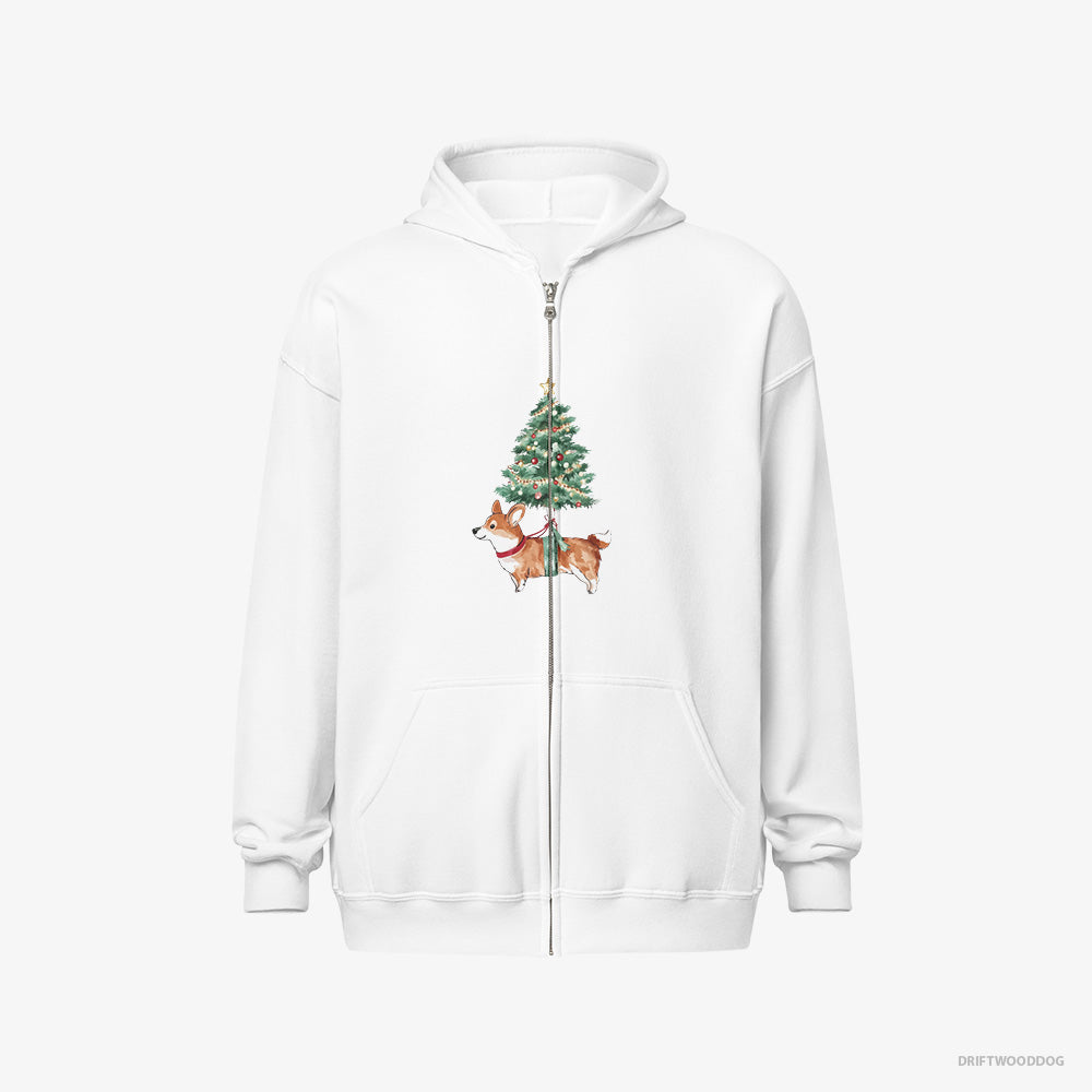 Corgi Hoodie – Men White Hoodie Full-Zip – as a Cute Christmas Tree Decoration (on White Background)