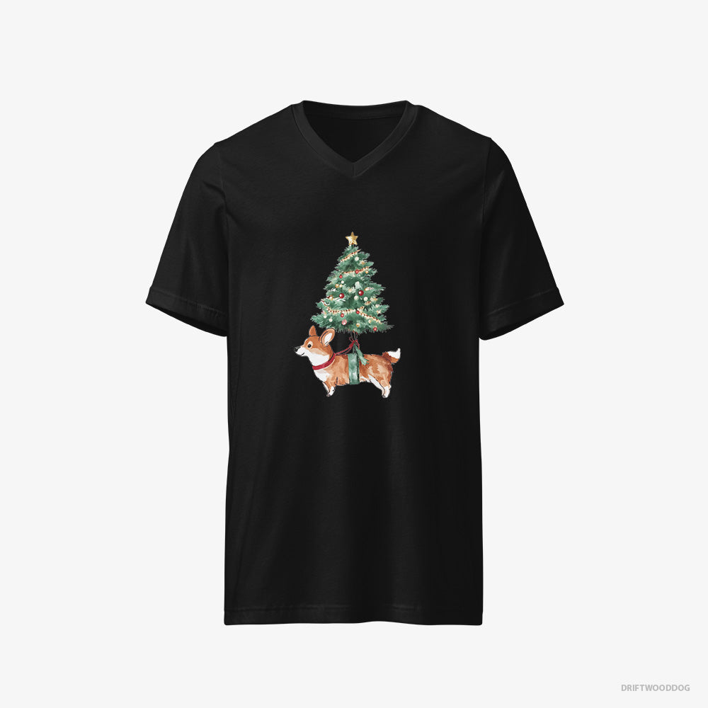 Corgi T-Shirt – Men Black T-Shirt V-Neck – as a Cute Christmas Tree Decoration (on White Background)