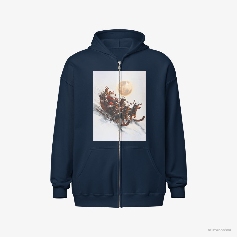 Dachshund Hoodie – Men Navy Hoodie Full-Zip – Team Pulling Santa's Sleigh (on White Background)