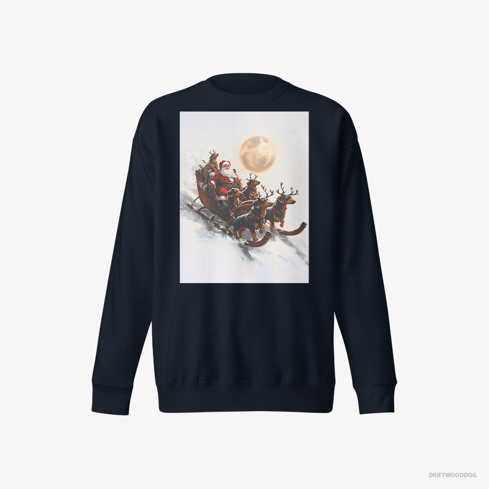 Dachshund Sweatshirt – Women Navy Sweatshirt Eco-Friendly – Team Pulling Santa's Sleigh (on White Background)