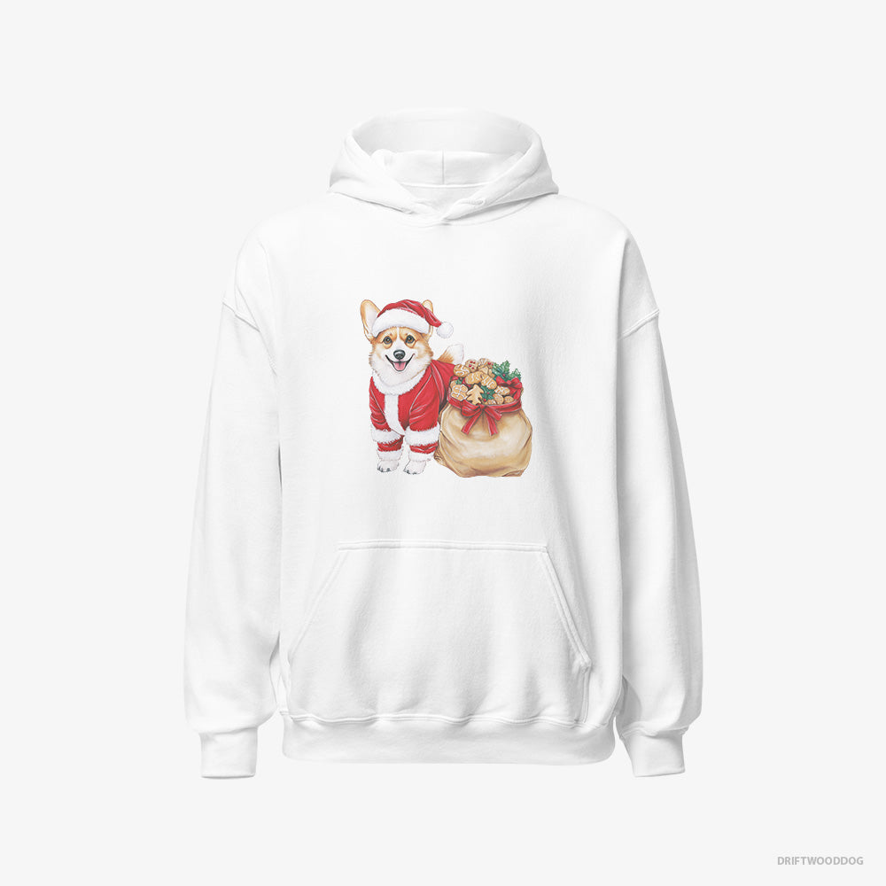 Corgi Hoodie – Men White Hoodie Classic – with a Bag Full of Christmas Cookies (on White Background)