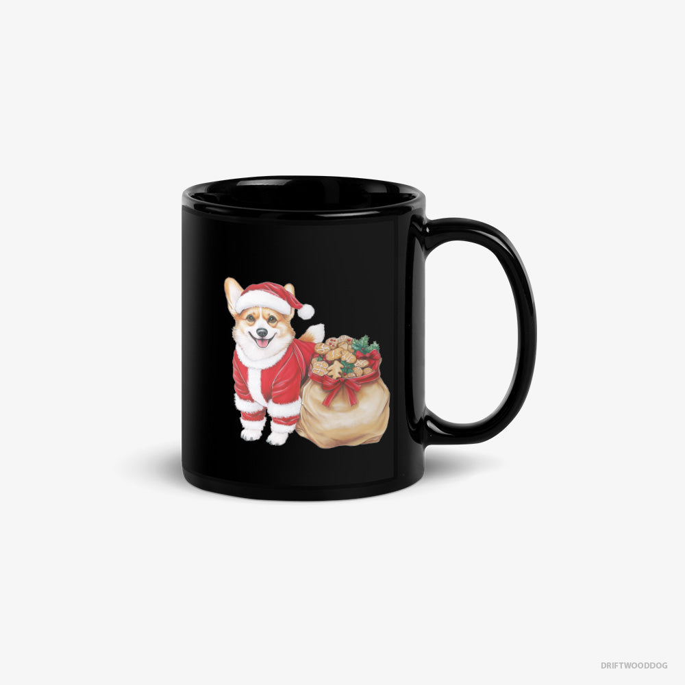 Corgi Mug – Unisex Black Mug Classic – with a Bag Full of Christmas Cookies (on White Background)