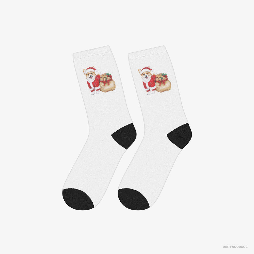 Corgi Socks – Unisex White Socks Classic – with a Bag Full of Christmas Cookies (on White Background)