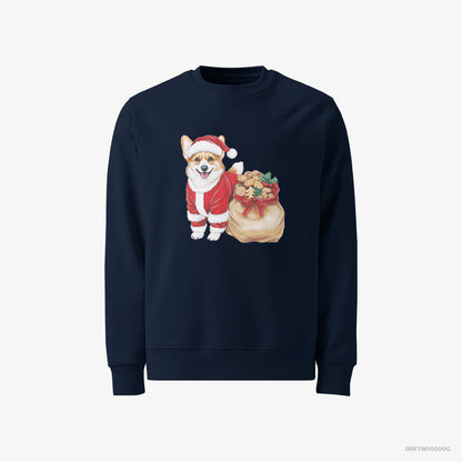 Corgi Sweatshirt – Men Navy Sweatshirt Classic – with a Bag Full of Christmas Cookies (on White Background)