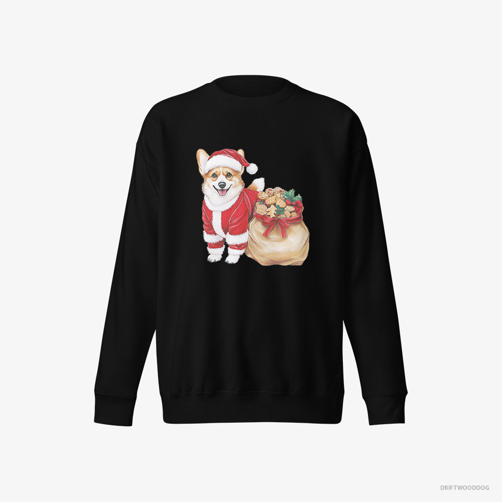 Corgi Sweatshirt – Men Black Sweatshirt Eco-Friendly – with a Bag Full of Christmas Cookies (on White Background)