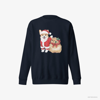 Corgi Sweatshirt – Men Navy Sweatshirt Eco-Friendly – with a Bag Full of Christmas Cookies (on White Background)