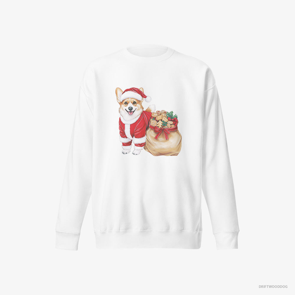 Corgi Sweatshirt – Men White Sweatshirt Eco-Friendly – with a Bag Full of Christmas Cookies (on White Background)