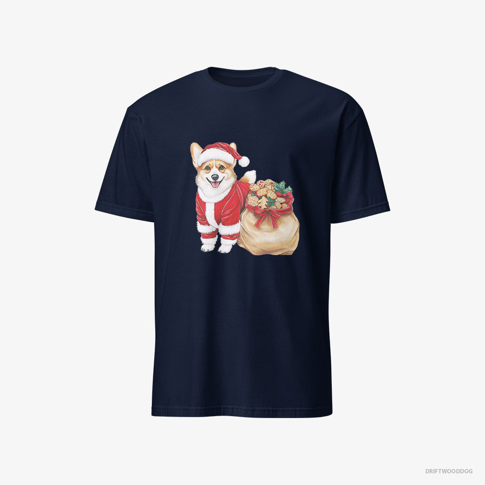 Corgi T-Shirt – Women Navy T-Shirt Classic – with a Bag Full of Christmas Cookies (on White Background)