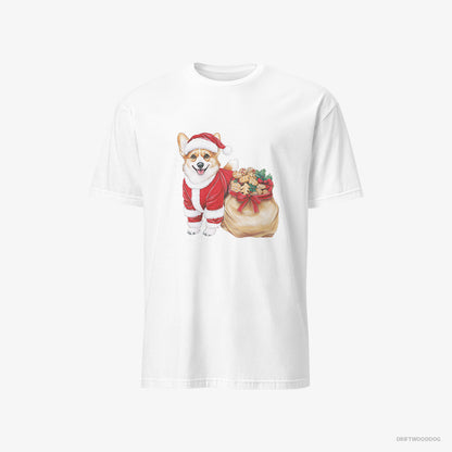 Corgi T-Shirt – Men White T-Shirt Classic – with a Bag Full of Christmas Cookies (on White Background)