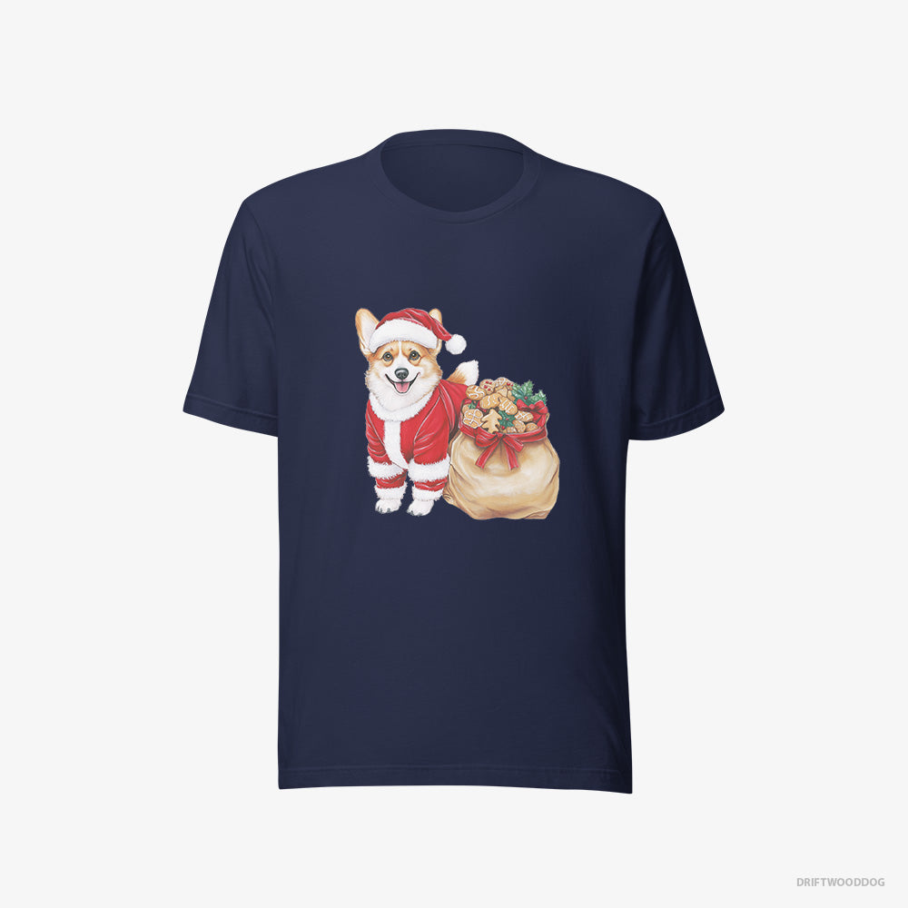 Corgi T-Shirt – Women Navy T-Shirt Eco-Friendly – with a Bag Full of Christmas Cookies (on White Background)