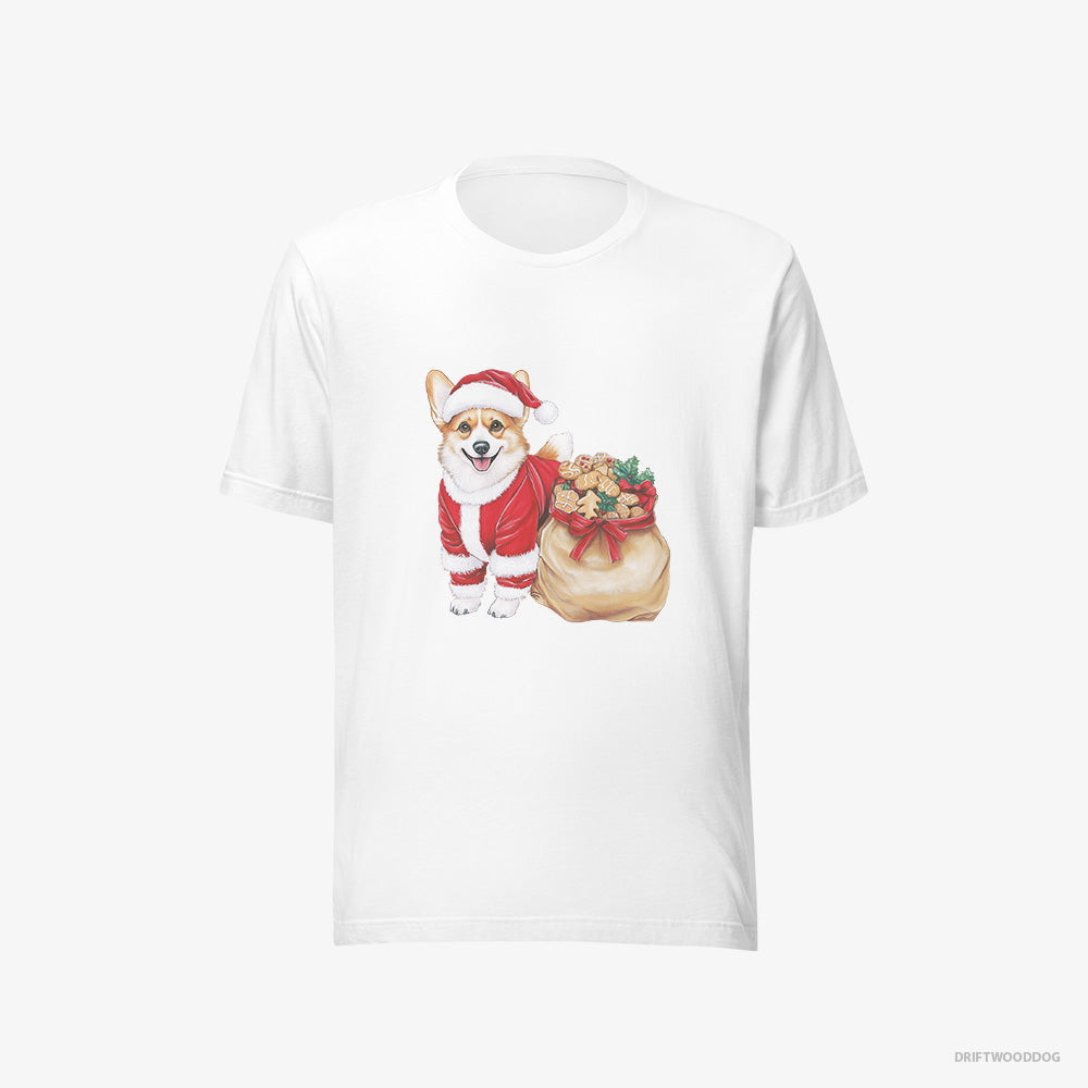 Corgi T-Shirt – Men White T-Shirt Eco-Friendly – with a Bag Full of Christmas Cookies (on White Background)