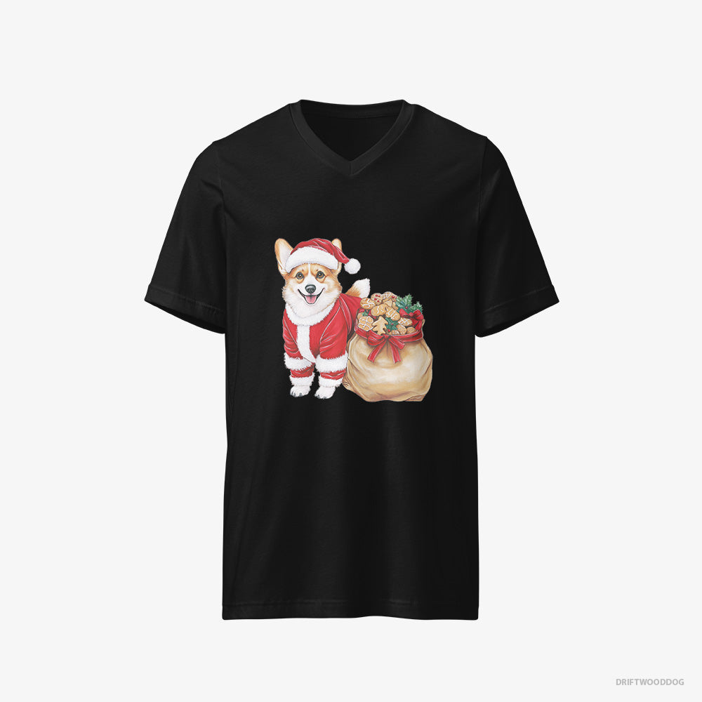 Corgi T-Shirt – Men Black T-Shirt V-Neck – with a Bag Full of Christmas Cookies (on White Background)