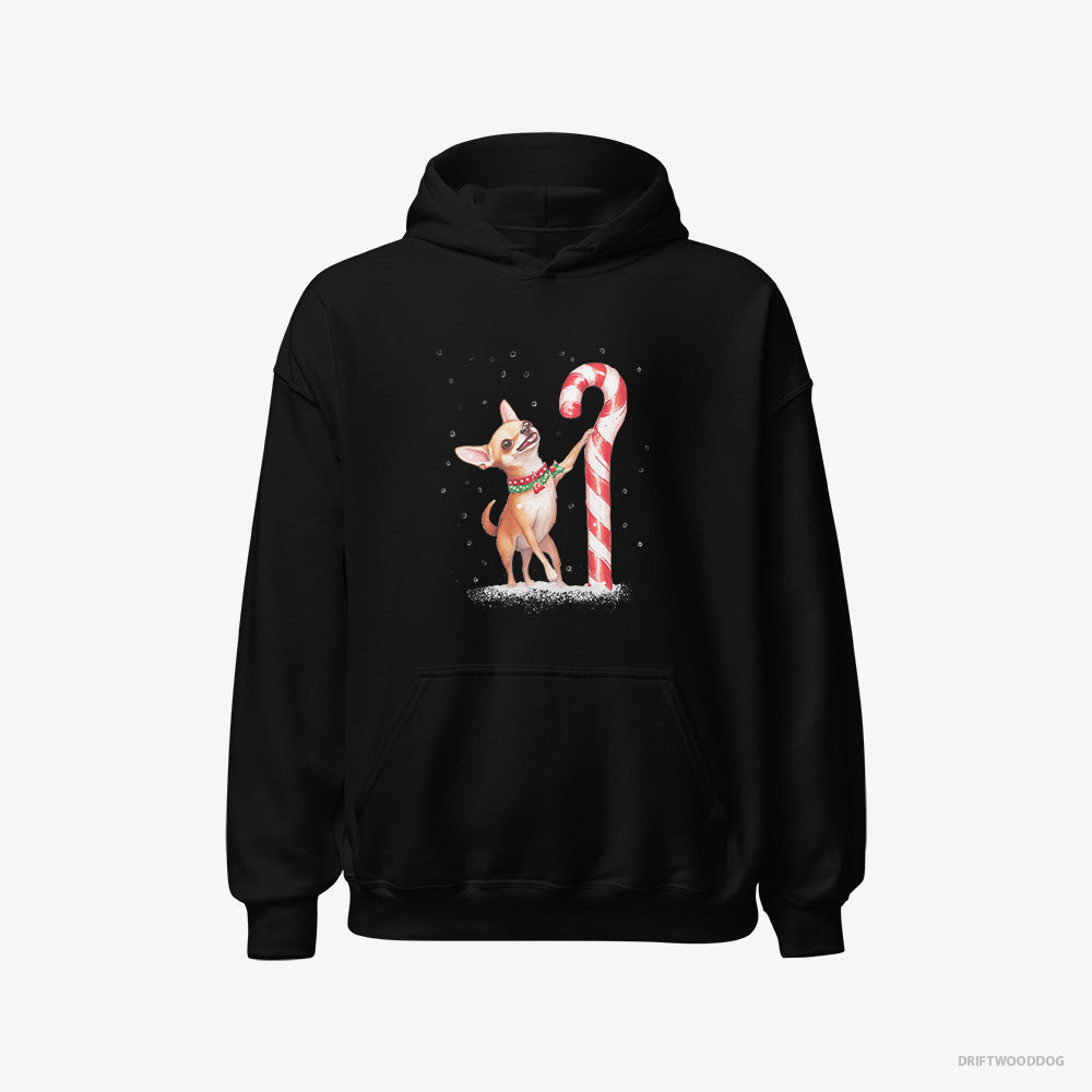 Chihuahua Hoodie – Women Black Hoodie Classic – Holding a Huge Christmas Candy (on White Background)