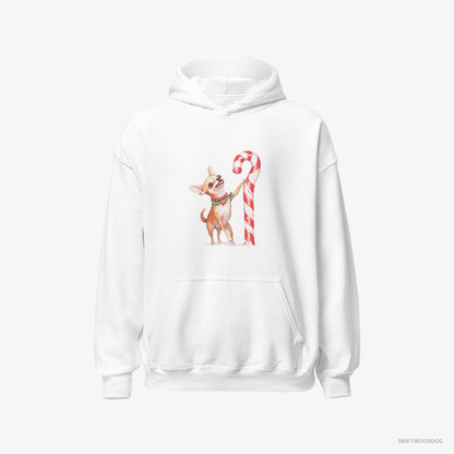 Chihuahua Hoodie – Men White Hoodie Classic – Holding a Huge Christmas Candy (on White Background)