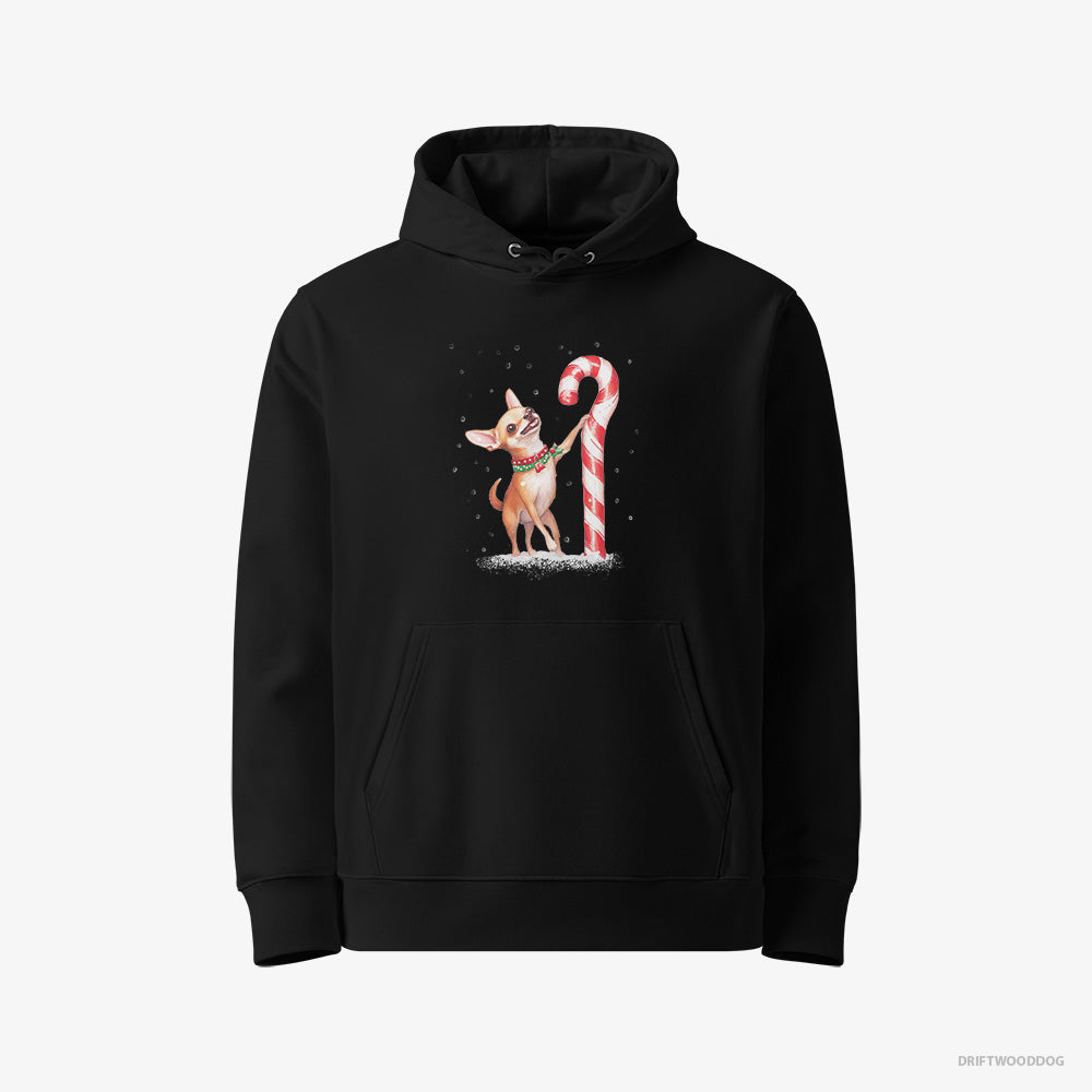 Chihuahua Hoodie – Men Black Hoodie Eco-Friendly – Holding a Huge Christmas Candy (on White Background)