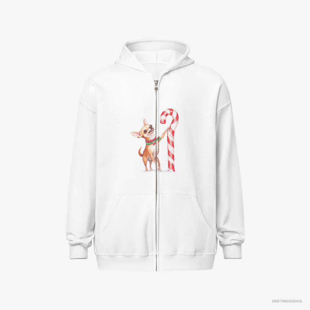 Chihuahua Hoodie – Men White Hoodie Full-Zip – Holding a Huge Christmas Candy (on White Background)