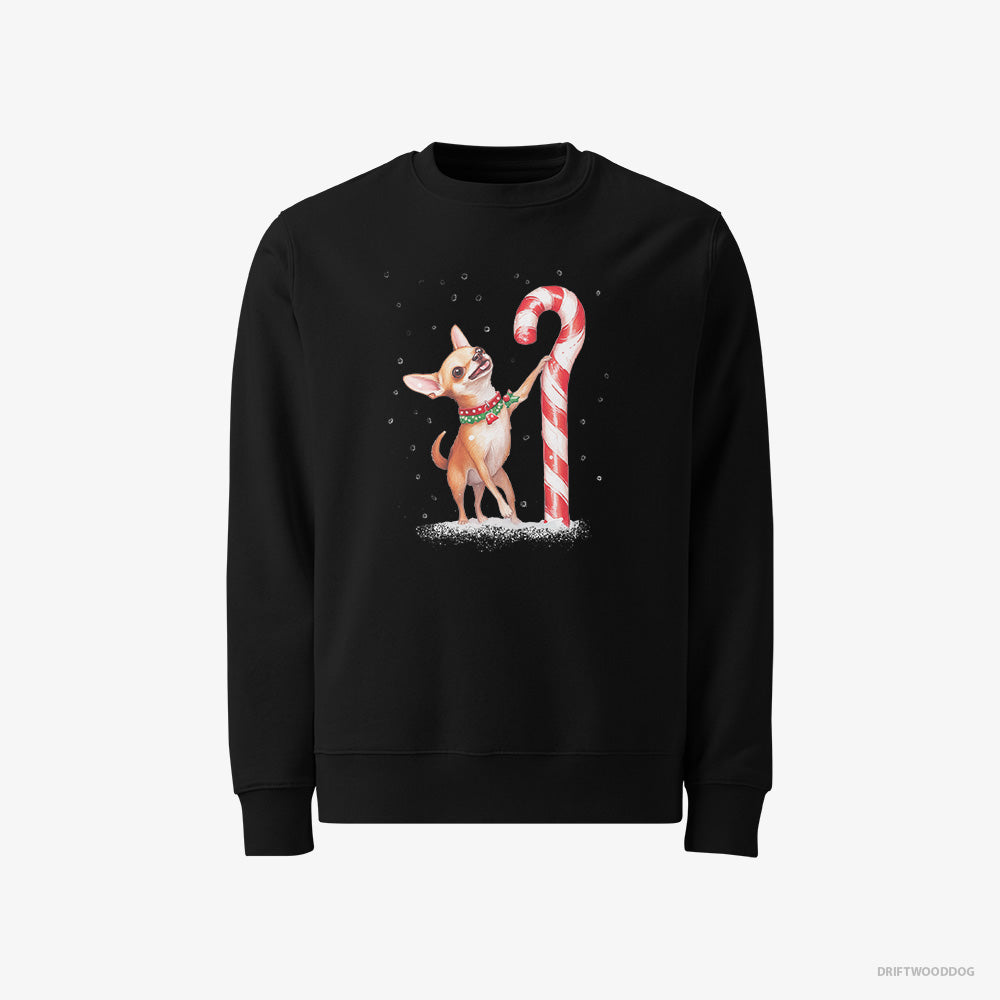 Chihuahua Sweatshirt – Men Black Sweatshirt Classic – Holding a Huge Christmas Candy (on White Background)