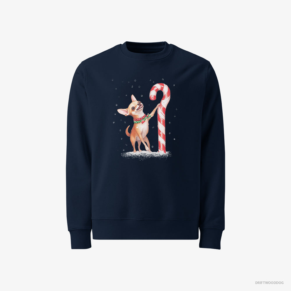 Chihuahua Sweatshirt – Men Navy Sweatshirt Classic – Holding a Huge Christmas Candy (on White Background)