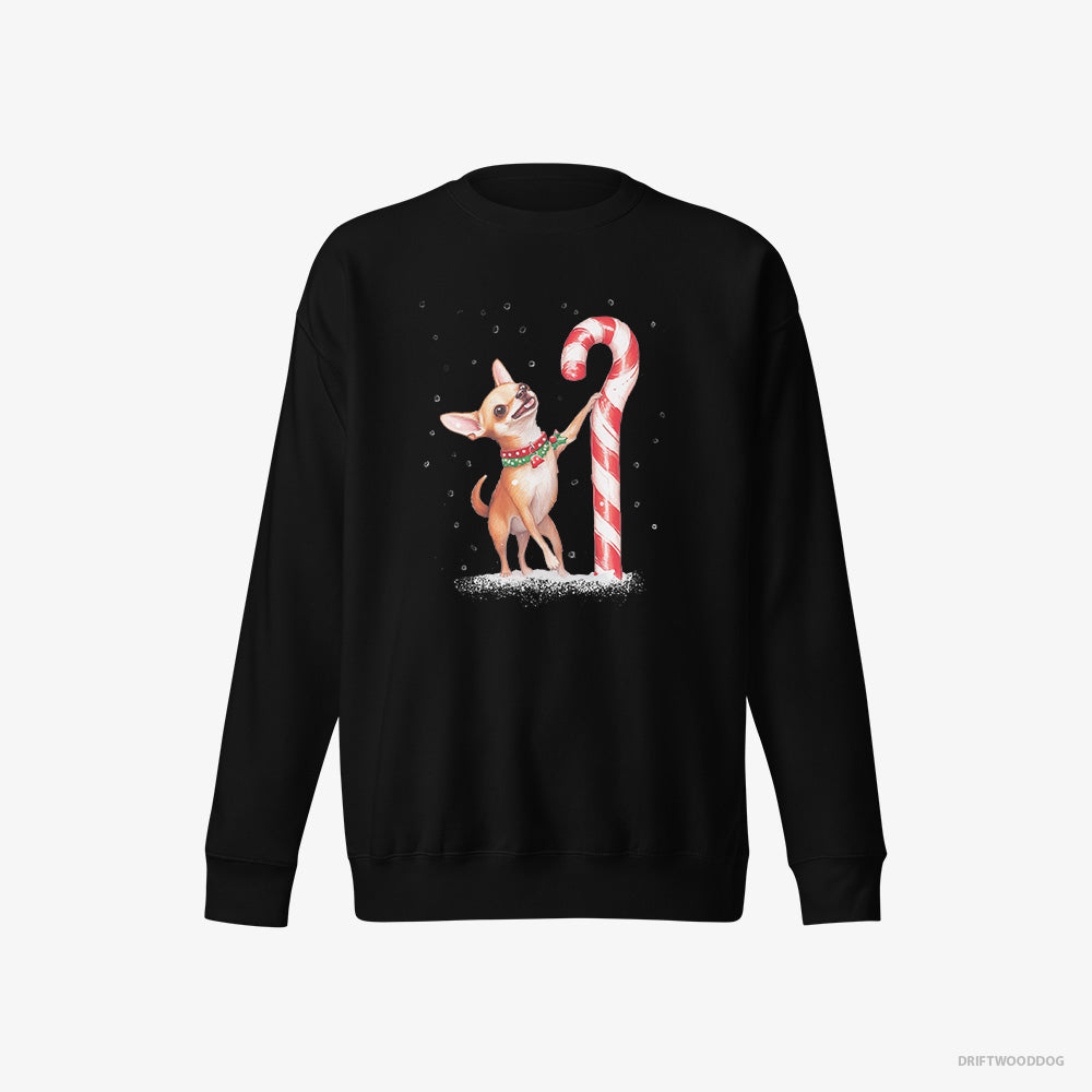 Chihuahua Sweatshirt – Women Black Sweatshirt Eco-Friendly – Holding a Huge Christmas Candy (on White Background)