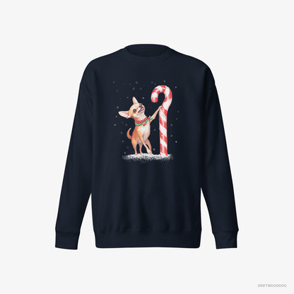 Chihuahua Sweatshirt – Women Navy Sweatshirt Eco-Friendly – Holding a Huge Christmas Candy (on White Background)