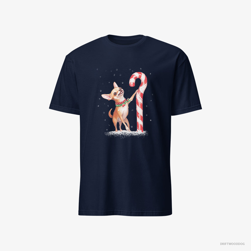 Chihuahua T-Shirt – Men Navy T-Shirt Classic – Holding a Huge Christmas Candy (on White Background)