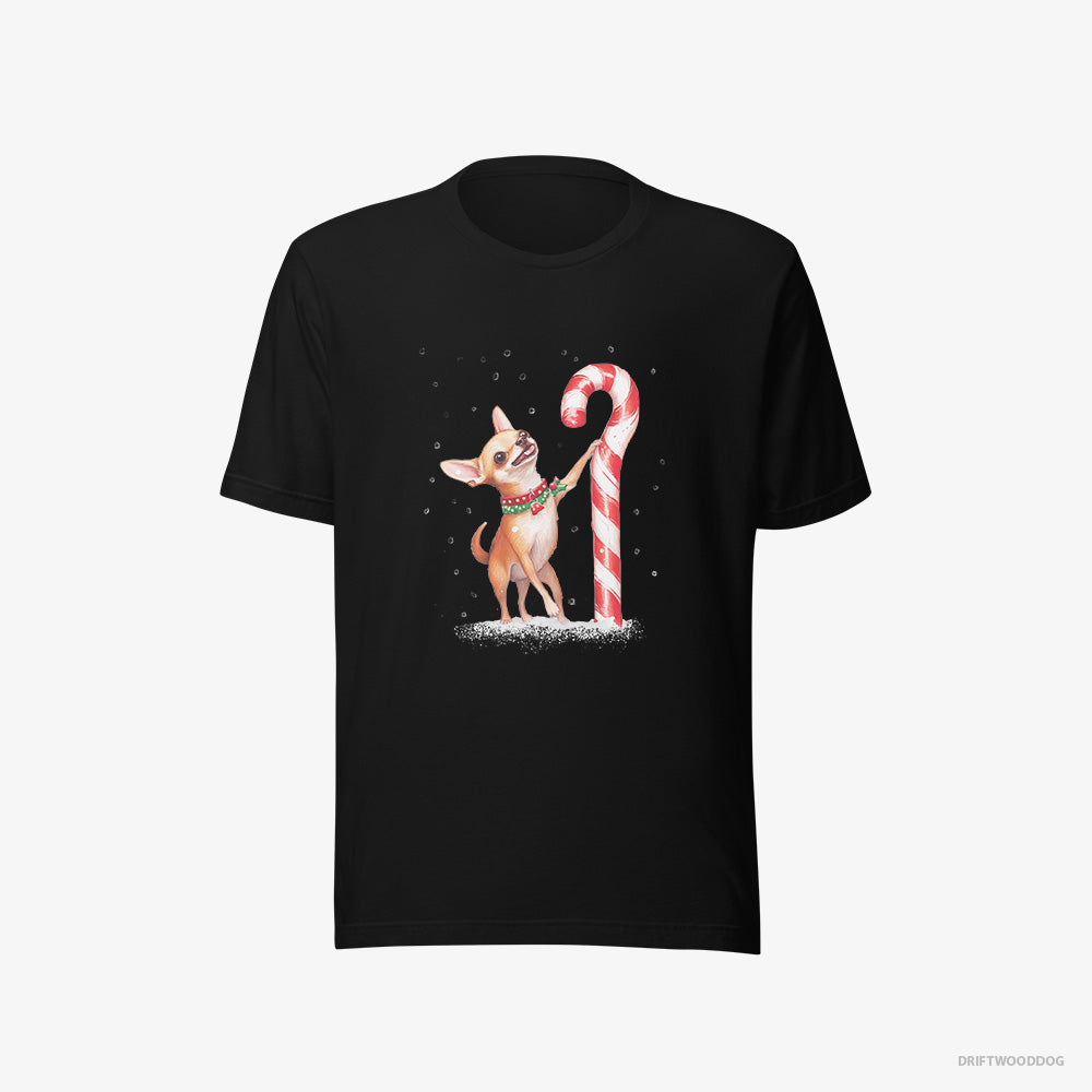 Chihuahua T-Shirt – Women Black T-Shirt Eco-Friendly – Holding a Huge Christmas Candy (on White Background)