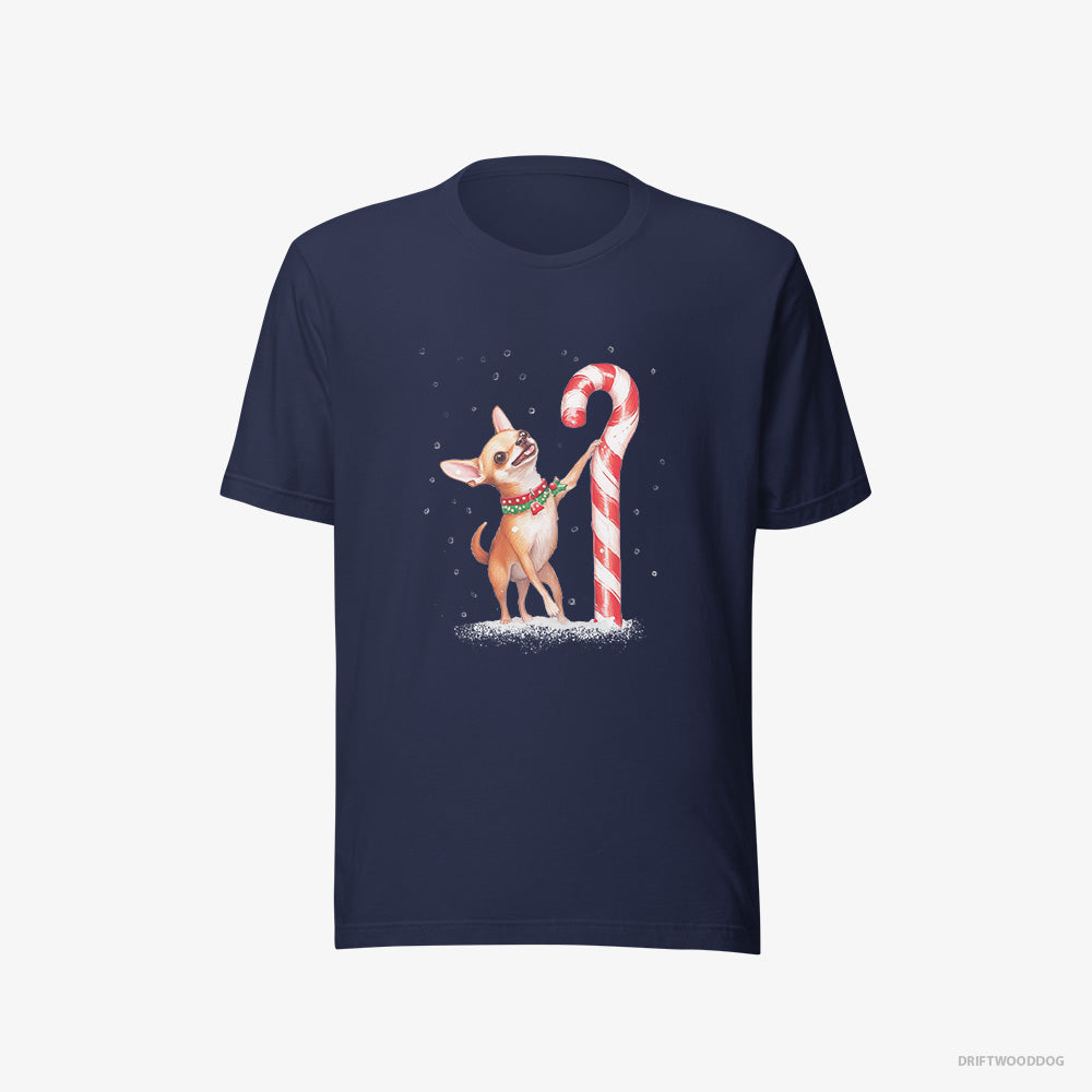 Chihuahua T-Shirt – Men Navy T-Shirt Eco-Friendly – Holding a Huge Christmas Candy (on White Background)