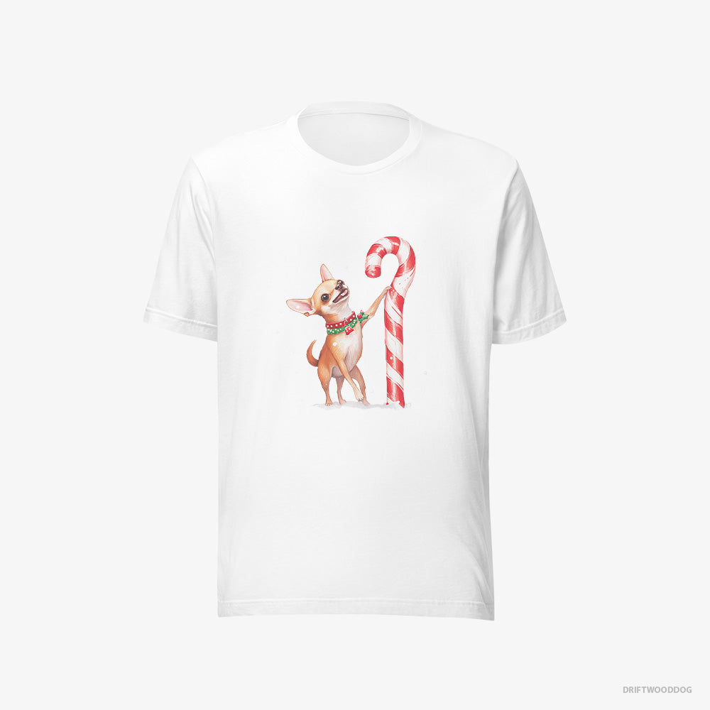 Chihuahua T-Shirt – Men White T-Shirt Eco-Friendly – Holding a Huge Christmas Candy (on White Background)