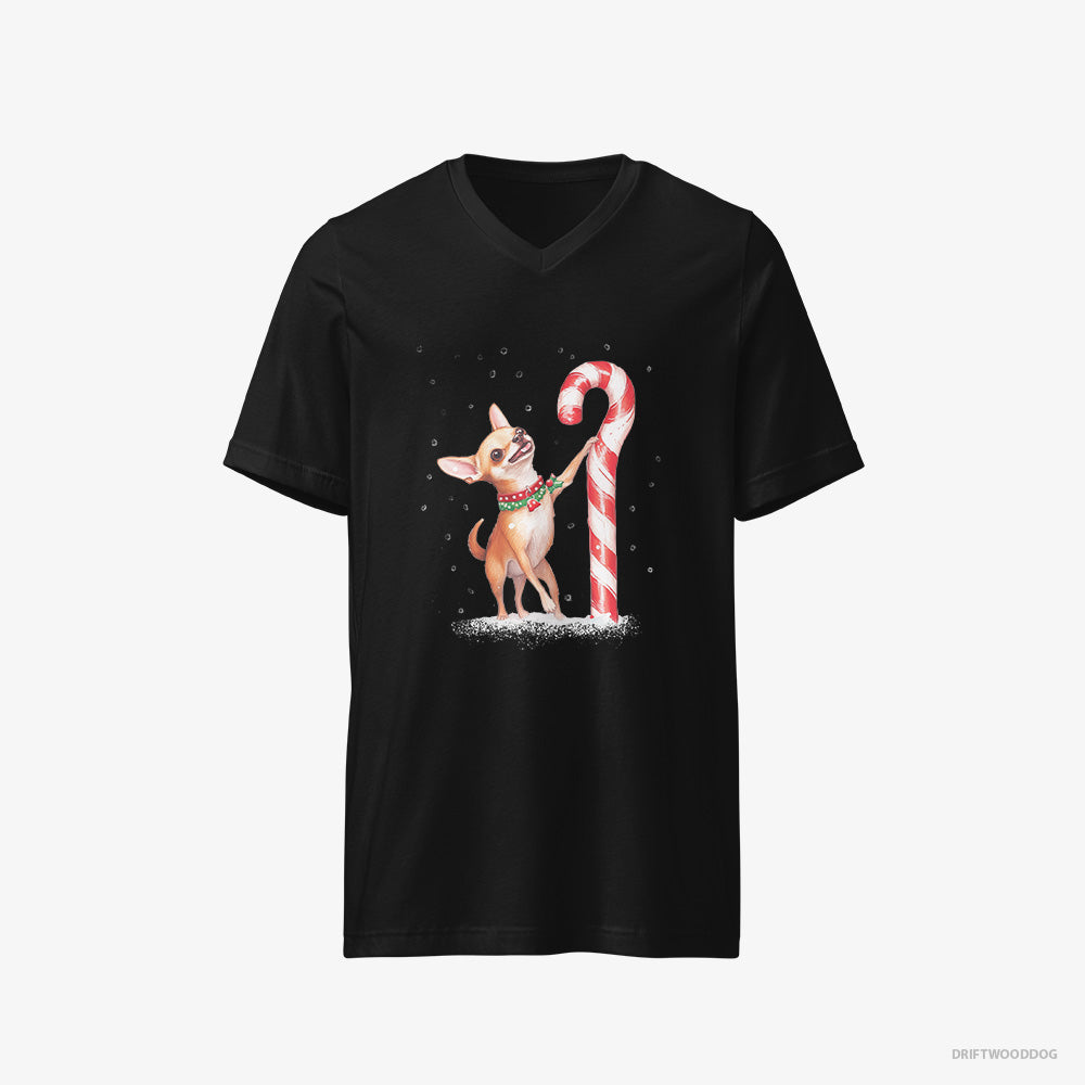 Chihuahua T-Shirt – Men Black T-Shirt V-Neck – Holding a Huge Christmas Candy (on White Background)