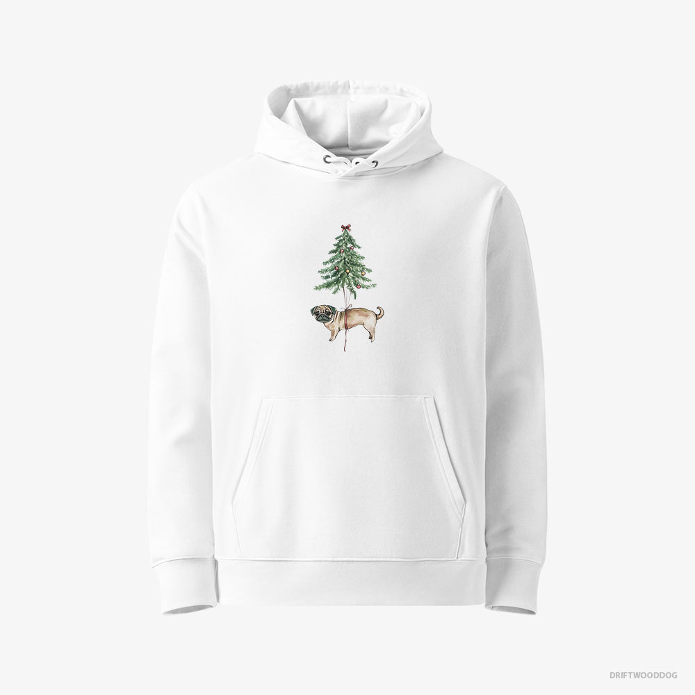 Pug Hoodie – Women White Hoodie Eco-Friendly – Perched on the Christmas Tree (on White Background)