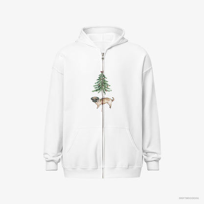 Pug Hoodie – Men White Hoodie Full-Zip – Perched on the Christmas Tree (on White Background)