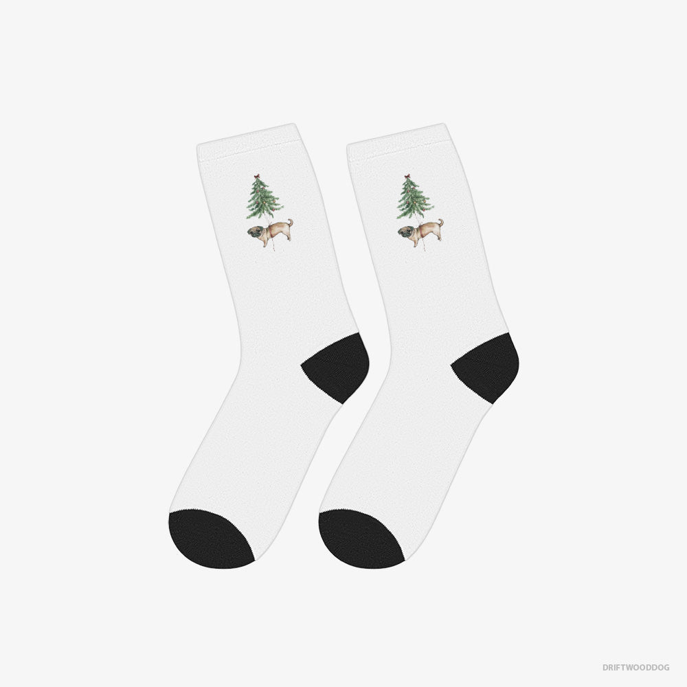 Pug Socks – Unisex White Socks Classic – Perched on the Christmas Tree (on White Background)