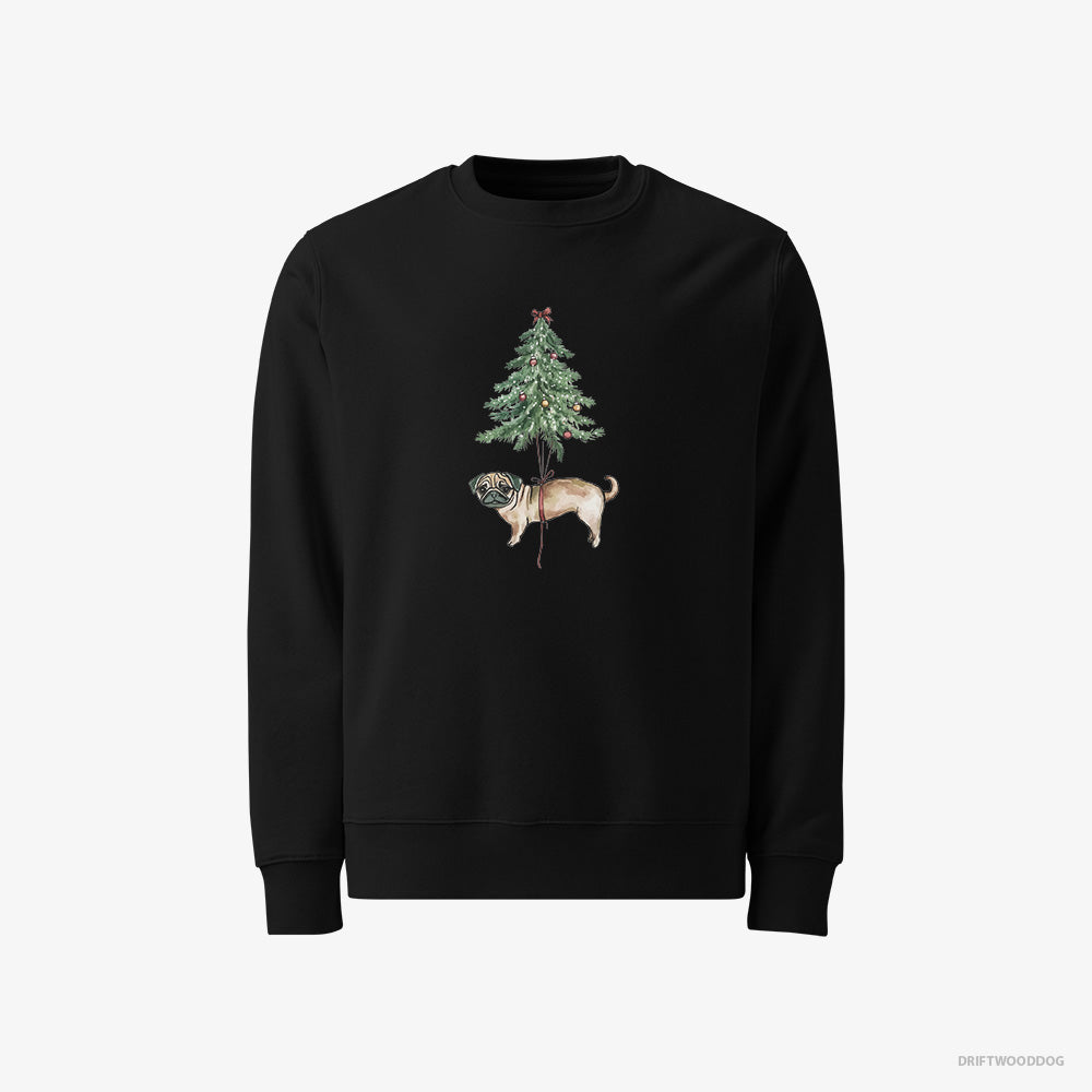 Pug Sweatshirt – Men Black Sweatshirt Classic – Perched on the Christmas Tree (on White Background)