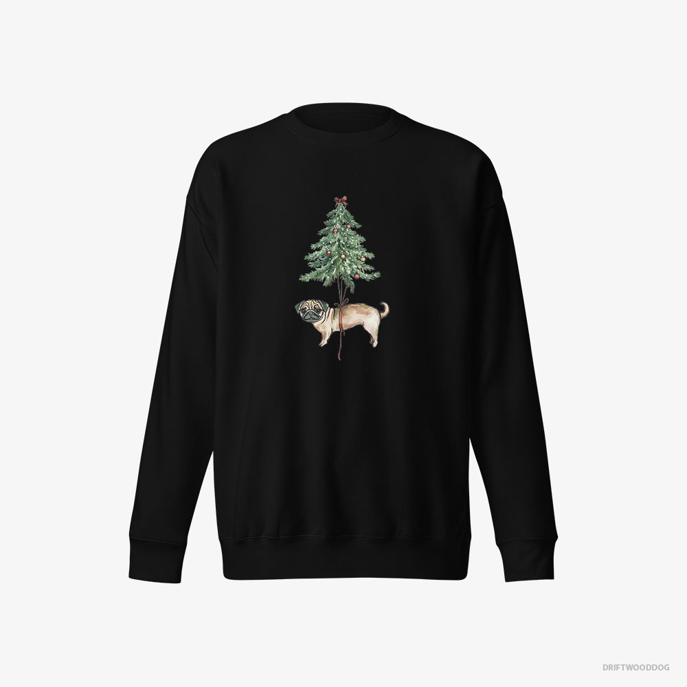 Pug Sweatshirt – Men Black Sweatshirt Eco-Friendly – Perched on the Christmas Tree (on White Background)