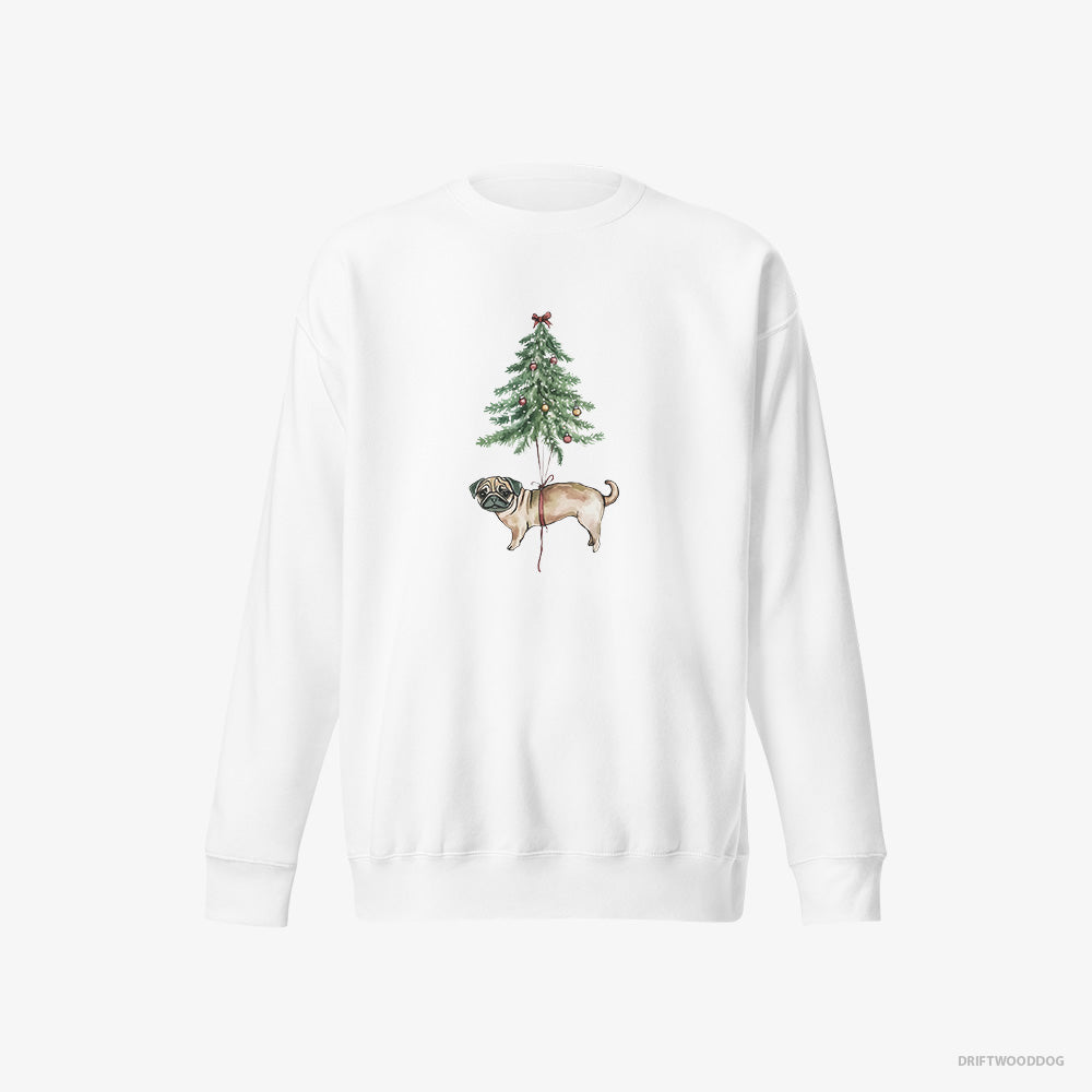 Pug Sweatshirt – Men White Sweatshirt Eco-Friendly – Perched on the Christmas Tree (on White Background)