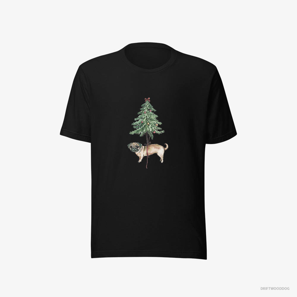 Pug T-Shirt – Men Black T-Shirt Eco-Friendly – Perched on the Christmas Tree (on White Background)