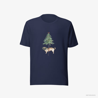 Pug Perched on the Christmas Tree Navy T-Shirt