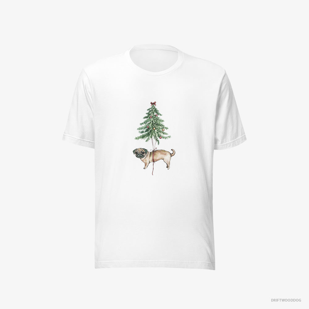 Pug T-Shirt – Women White T-Shirt Eco-Friendly – Perched on the Christmas Tree (on White Background)