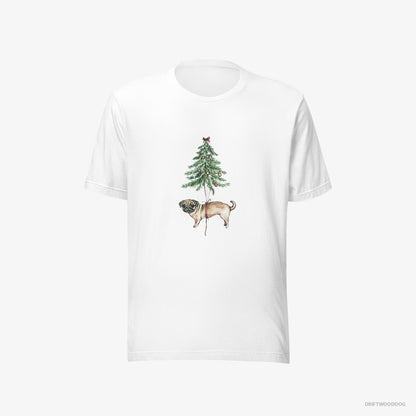 Pug T-Shirt – Women White T-Shirt Eco-Friendly – Perched on the Christmas Tree (on White Background)