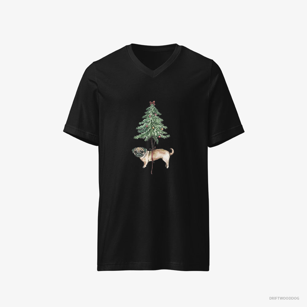 Pug T-Shirt – Men Black T-Shirt V-Neck – Perched on the Christmas Tree (on White Background)