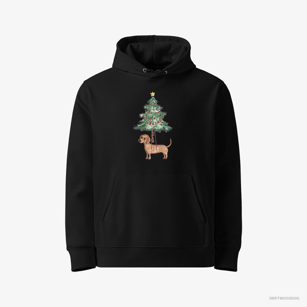 Dachshund Hoodie – Men Black Hoodie Eco-Friendly – Hanging from the Christmas Tree (on White Background)